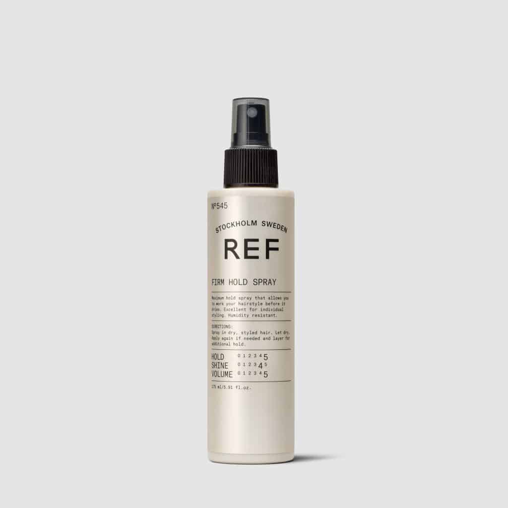 REF Firm Hold Spray N°545 A non aerosol, pump spray that gives maximum hold. Ideal for styling separate parts as the spray is very finely divided and does not dry immediately, hair can be styled between applications. Moisture resistant. 100% Vegan, Paraben free, Sulphate free. Colour preserving.1234