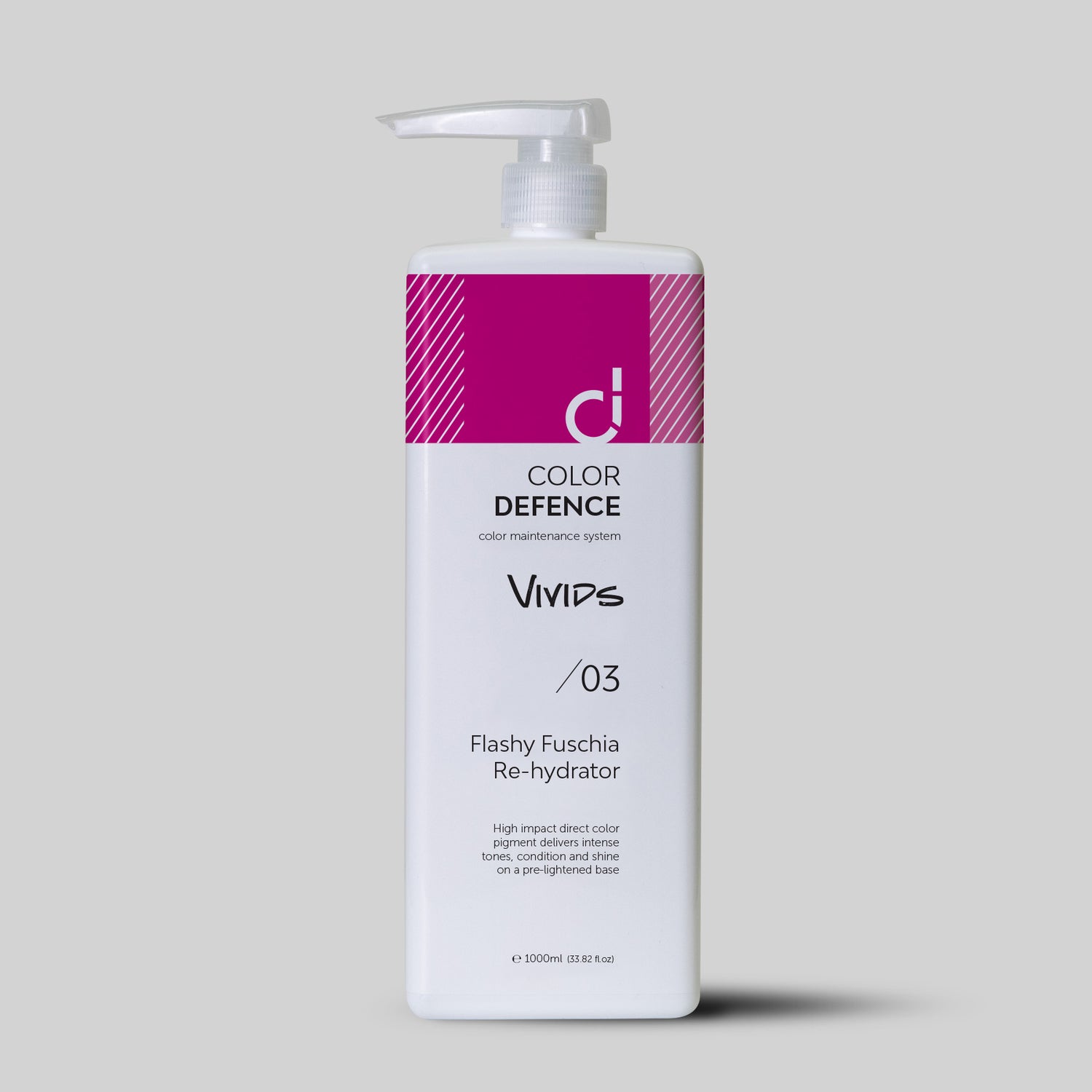 Color Defence Vivids Flashy Fuschia Re-hydrator. Vivids color depositing re-hydrators can be used alone mixed or diluted. Create unique personalised high intensity tones.Can also use with Color Defence classic range. Prevents color fade, loss of tone &amp; enhances shine. 100% vegan &amp; Sulphate free. Quick, easy &amp; accurate.1234