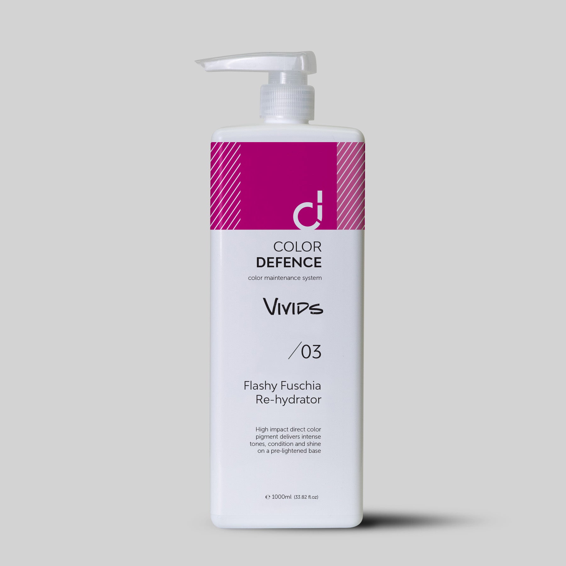 Color Defence Vivids Flashy Fuschia Re-hydrator. Vivids color depositing re-hydrators can be used alone mixed or diluted. Create unique personalised high intensity tones.Can also use with Color Defence classic range. Prevents color fade, loss of tone &amp; enhances shine. 100% vegan &amp; Sulphate free. Quick, easy &amp; accurate.1234