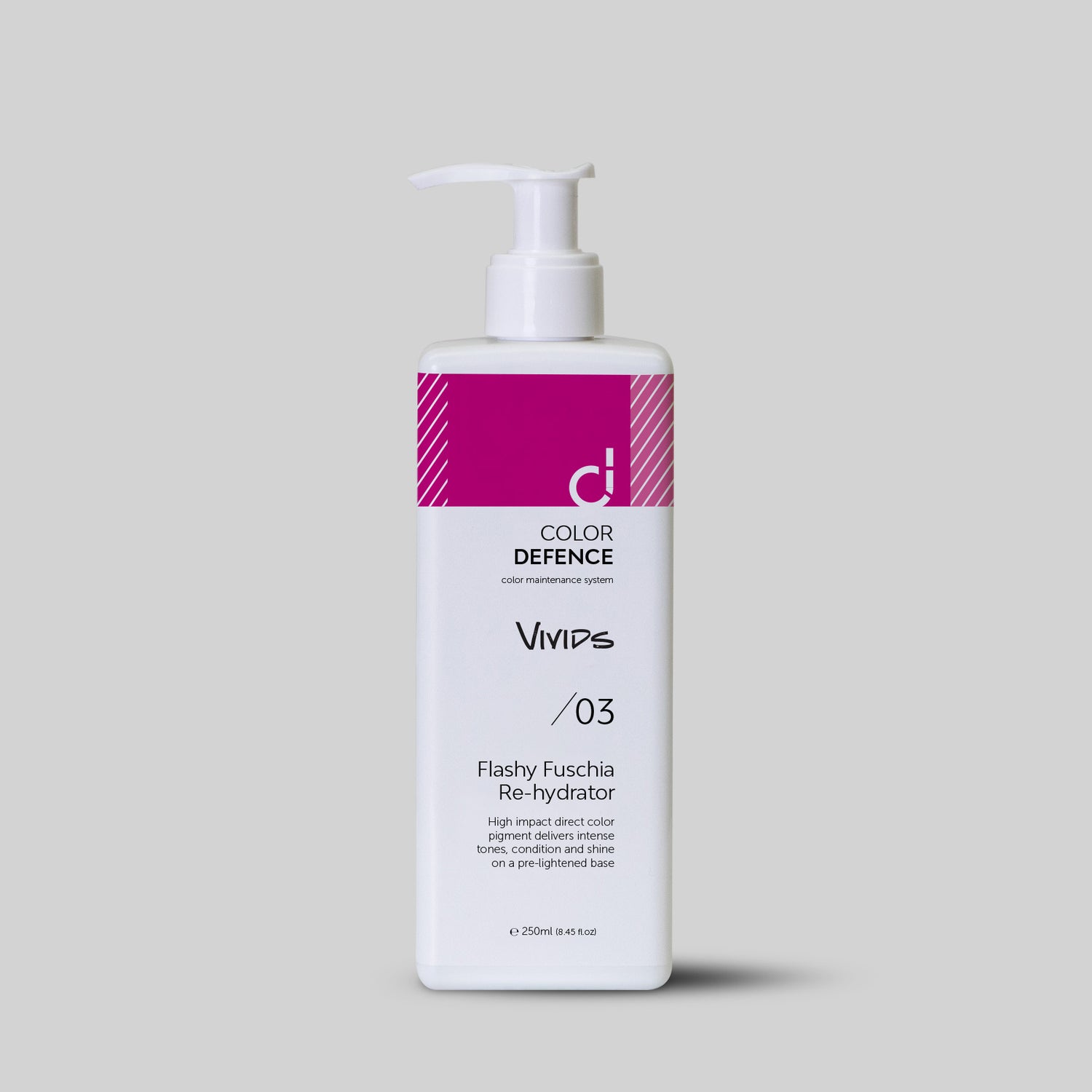 Color Defence Vivids Flashy Fuschia Re-hydrator. Vivids color depositing re-hydrators can be used alone mixed or diluted. Create unique personalised high intensity tones.Can also use with Color Defence classic range. Prevents color fade, loss of tone &amp; enhances shine. 100% vegan &amp; Sulphate free. Quick, easy &amp; accurate.1234