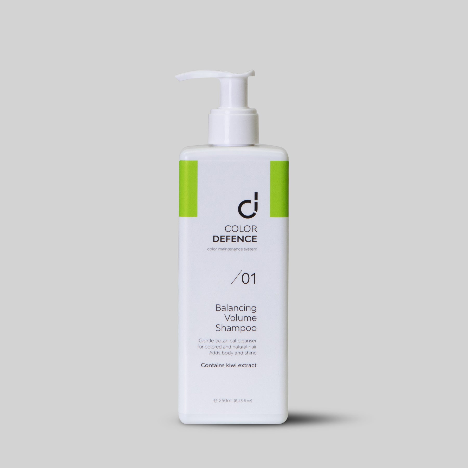 Colour Defence Balancing Volume Shampoo-Cleanses and prepares hair for our 3 step colour maintenance system. A gentle daily shampoo for natural & fine hair. Reduces oxidation, protects against free radical and environmental damage. A gentle botanical cleanser that adds body and shine.  Contains Kiwi Extract & Vitamin E. 1234