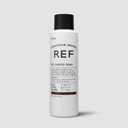 REF Dry Shampoo Brown N°204: A dry weightless powder spray formulated to freshen up hair. Dry spray shampoo with brown pigments. Gives volume, texture &amp; refreshes hair between washes, removes oil from scalp. 100% Vegan, Paraben free, Sulphate free. Color preserving. 1234