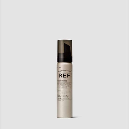 REF Fiber Mousse N°345: A smooth mousse with active fibers that makes hair thicker and fuller, adding volume and texture from root to end.  Activated when mousse is massaged between hands. Natural heat protection, long lasting hold and a natural shine. 100% Vegan, Paraben free, Sulphate free. Color preserving.1234
