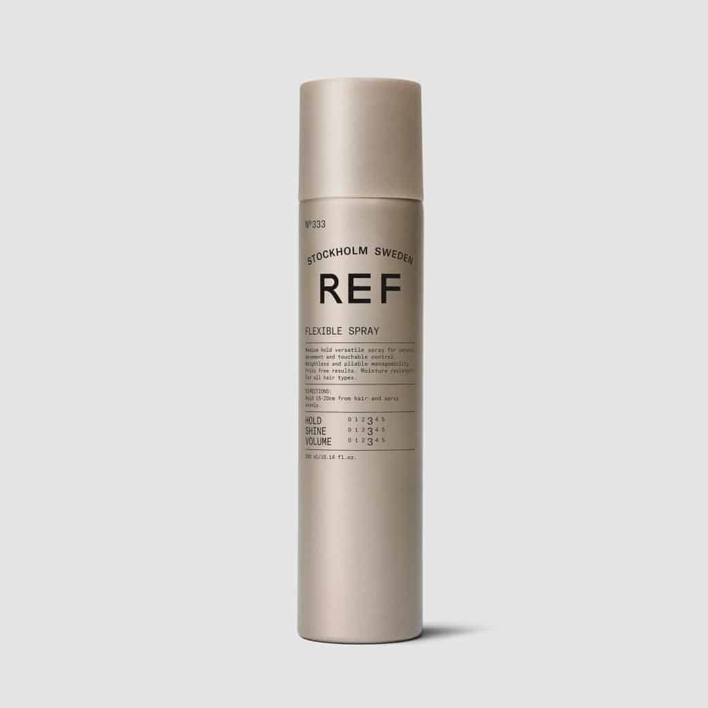 REF Flexible Spray N° 333 Lightweight, medium hold hair spray for natural movement and touchable control. Builds volume and protects hair against moisture. Easy to brush out. Finishing spray with flexible hold Moisture resistant 100% Vegan. Paraben free. Sulphate free. Colour preserving.1234