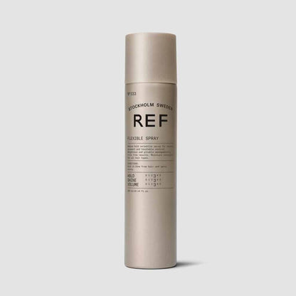 REF Flexible Spray N° 333 Lightweight, medium hold hair spray for natural movement and touchable control. Builds volume and protects hair against moisture. Easy to brush out. Finishing spray with flexible hold Moisture resistant 100% Vegan. Paraben free. Sulphate free. Colour preserving.1234