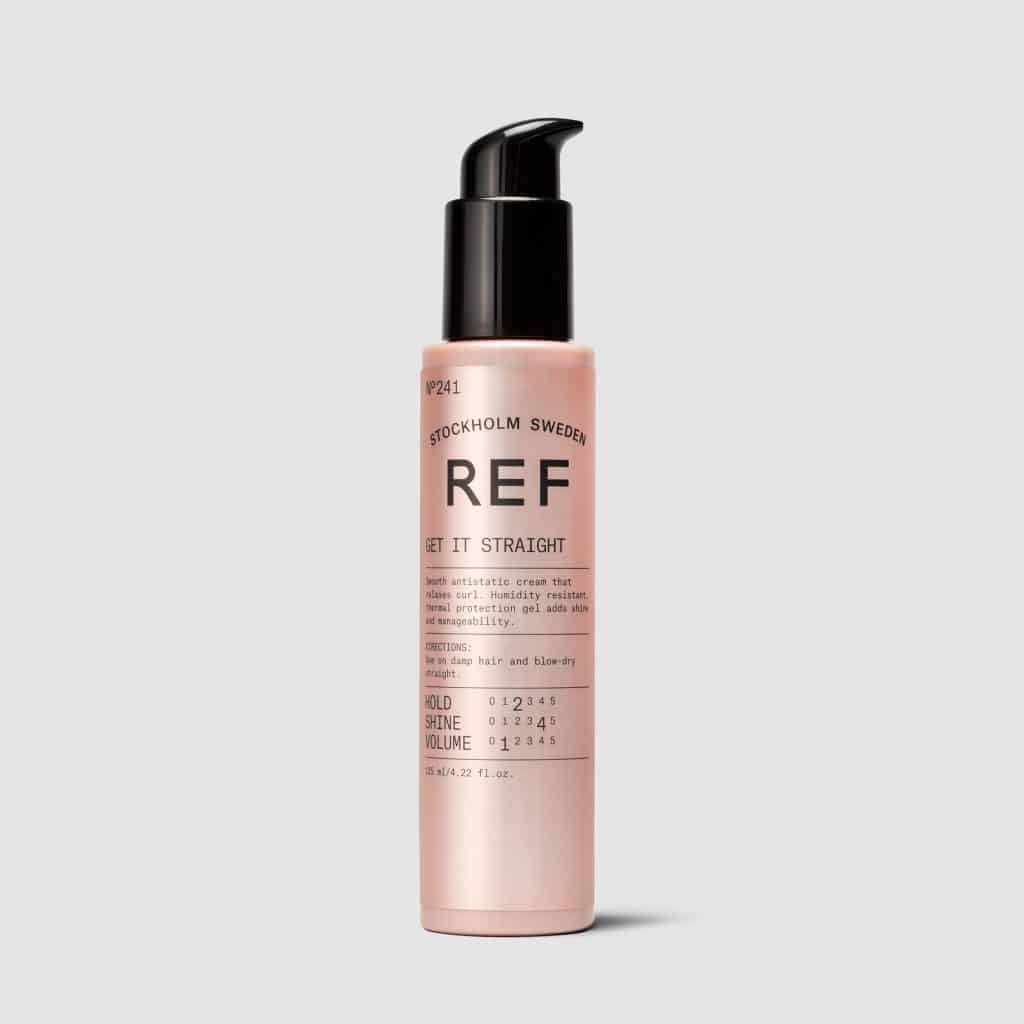 REF Get It Straight N°241: Anti-static heat-protecting gel that straightens curl. Ideal for styling with blow dryer &amp; straightener. Moisture resistant, prevents unwanted volume, reduces frizz. Gives hold, shine &amp; heat protection. Suitable for thicker hair 100% Vegan, Paraben Free, Sulphate free, Color preserving.1234