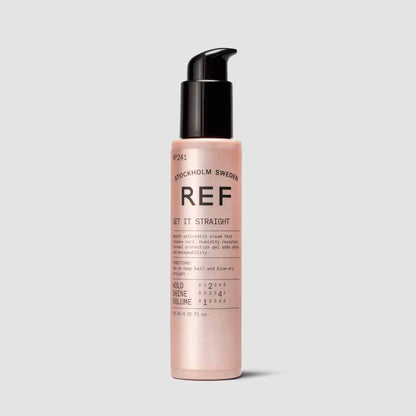 REF Get It Straight N°241: Anti-static heat-protecting gel that straightens curl. Ideal for styling with blow dryer &amp; straightener. Moisture resistant, prevents unwanted volume, reduces frizz. Gives hold, shine &amp; heat protection. Suitable for thicker hair 100% Vegan, Paraben Free, Sulphate free, Color preserving.1234