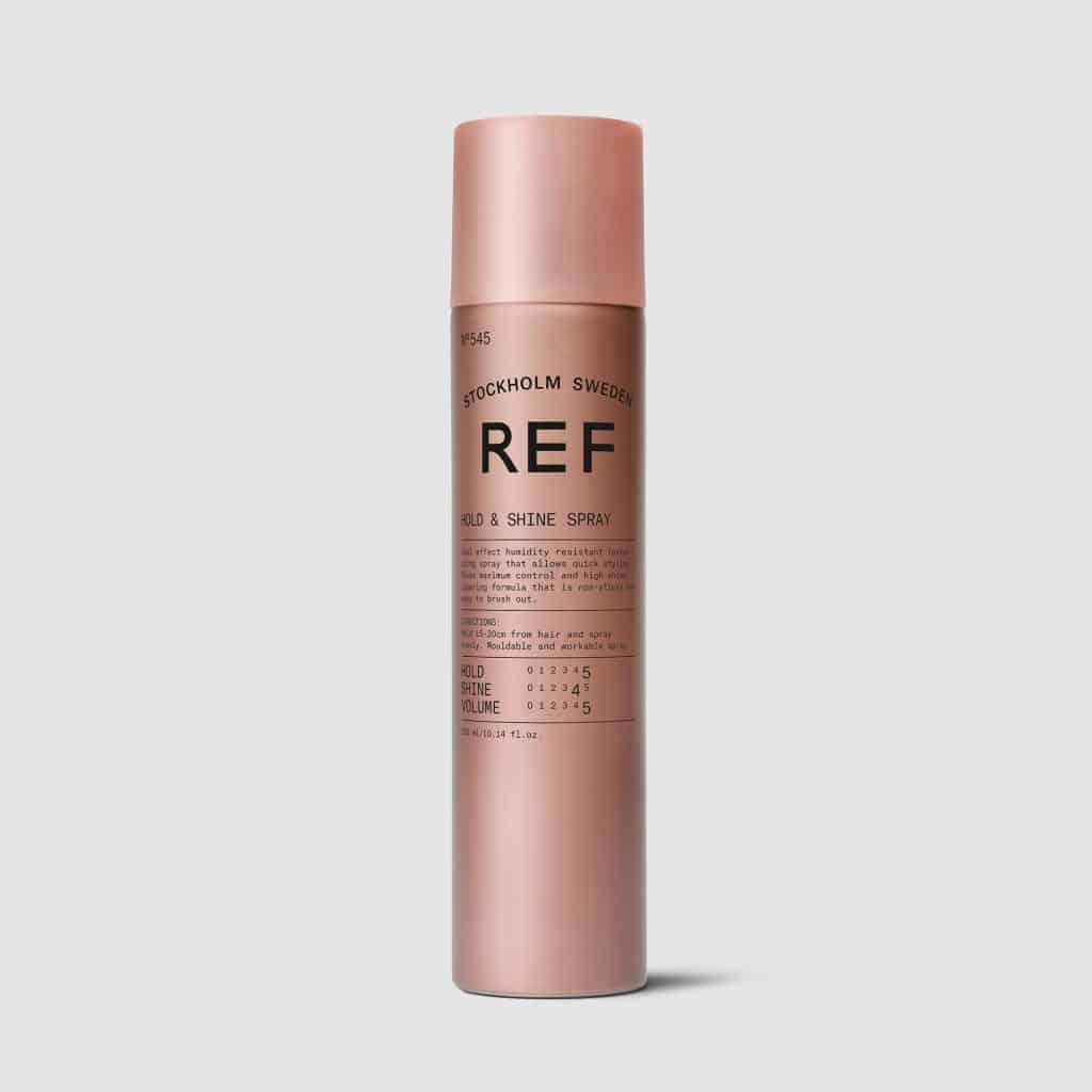 REF Hold &amp; Shine Spray N°545: Multifunctional hair spray that gives maximum control and high shine. A formula that is non sticky, easy to brush out and is perfect for layering. Humidity resistant. Maximum hold &amp; luminous shine 100% Vegan Paraben free Sulphate free Color preserving.1234