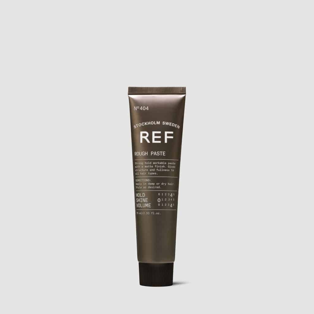 REF Rough Paste N°404: Strong hold workable paste with a matte finish. Gives structure and fullness to all hair types. Gives fullness&amp;nbsp;matte finish Paraben free Sulphate free Color preserving Directions Emulsify product between palms. Work through damp or dry hair. Add water if necessary. Style as usual. 1234