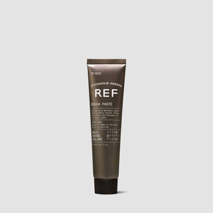 REF Rough Paste N°404: Strong hold workable paste with a matte finish. Gives structure and fullness to all hair types. Gives fullness&amp;nbsp;matte finish Paraben free Sulphate free Color preserving Directions Emulsify product between palms. Work through damp or dry hair. Add water if necessary. Style as usual. 1234